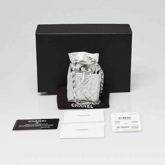 Chanel Metallic Silver Quilted Leather Mini Drawstring CC Bucket Bag - Picture 12 of 12
